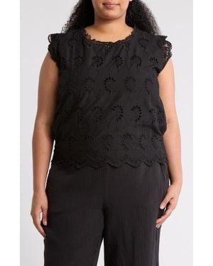 Forgotten Grace Lace Trim Embroidered Eyelet Blouse - Black