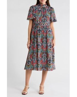 Julia Jordan Ruffle Neck Flutter Sleeve A-Line Dress - Blue