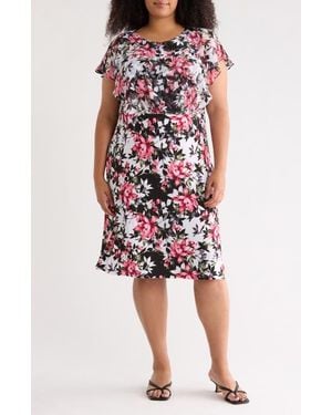 Connected Apparel Floral Overlay A-Line Dress - White