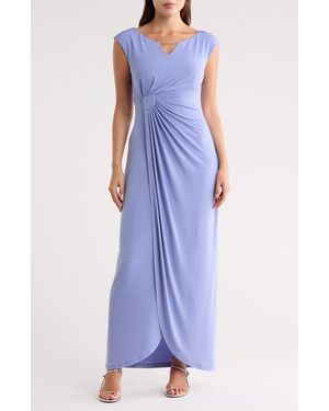 Connected Apparel Crystal Notch Side Ruched Gown - Blue