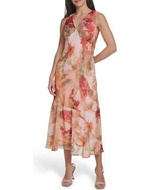 Calvin Klein Floral Sleeveless Chiffon Maxi Dress - Pink