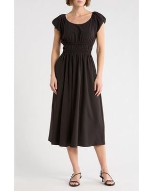 DKNY Puff Sleeve Fit & Flare Midi Dress - Black