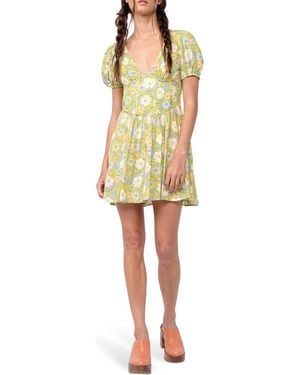 Sky To Moon Puff Sleeve Minidress - Yellow