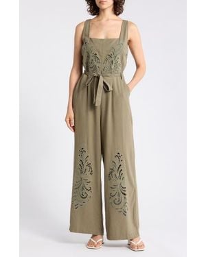 Ellen Tracy Embroidered Cutwork Sleeveless Jumpsuit - Natural