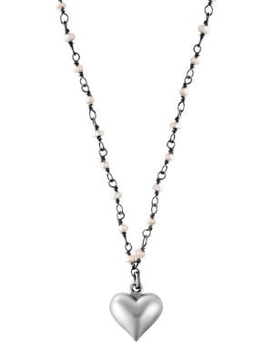 Adornia Fine Freshwater Pearl Rosary Puffy Heart Pendant Necklace - Metallic