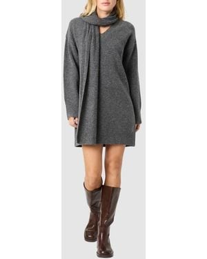 Lush Long Sleeve Sweater Dress With Scarf - Gray