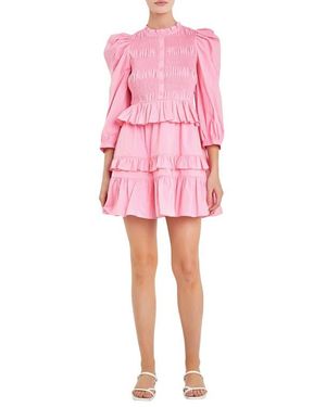 English Factory Smocked Balloon Sleeve Cotton Minidress - Pink