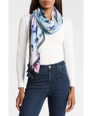 BCBGMAXAZRIA Floral Print Square Tassel Scarf - Blue