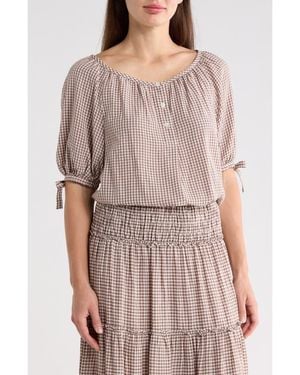 Max Studio Gingham Bubble Hem Top - Natural
