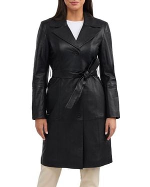 Badgley Mischka Single Breasted Leather Trench Coat - Black
