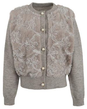 Saachi Flower Faux Fur Velour Cardigan - Gray