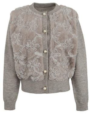 Saachi Flower Faux Fur Velour Cardigan - Gray