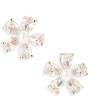 Cara Cubic Zirconia & Faux Pearl Flower Button Stud Earrings - White