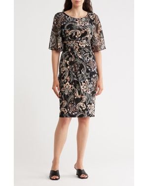 Connected Apparel Floral Flutter Sleeve Faux Wrap Dress - Black