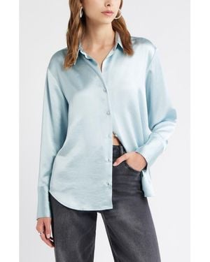 Open Edit Relaxed Fit Satin Button-Up Shirt - Blue