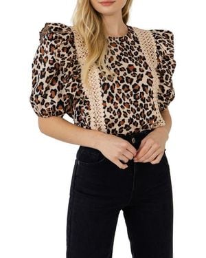 English Factory Leopard Print Ruffle Shoulder Cotton Top - Black