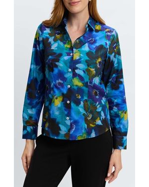 Foxcroft June Floral Button-Up Shirt - Blue