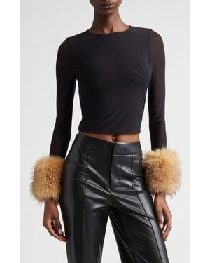 Alice + Olivia Delaina Mesh Top With Faux Fur Cuffs - Black