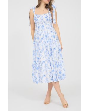 AUGUST SKY Shoulder Tie Floral Midi Dress - Blue