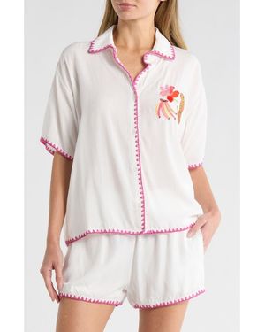 Betsey Johnson Blanket Stitch Embroidered Cabana Button-Up Shirt & Shorts Cover-Up Set - White