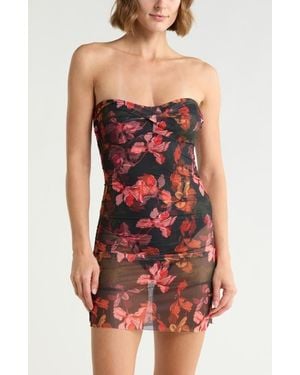 Hutch Radlee Strapless Mesh Overlay Skirted One-Piece Swimsuit - Red