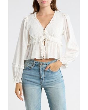 Lush Embroidered Eyelet Long Sleeve Peplum Crop Top - Natural