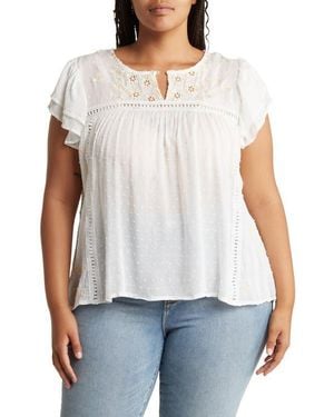 Forgotten Grace Flutter Sleeve Embroidered Swiss Dot Blouse - White