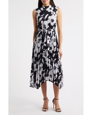 Tahari Floral Handkerchief Hem Pleated Midi Dress - Black