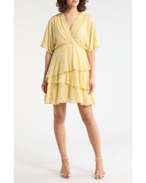 Halogen® Metallic Clip Dot Short Sleeve Tiered Minidress - Yellow