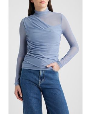 BOSS Etualh Ruched Mesh Turtleneck Top - Blue