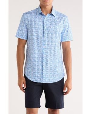 Bugatchi Miles Short Sleeve 8-Way Stretch Ooohcotton Button-Up Shirt - Blue