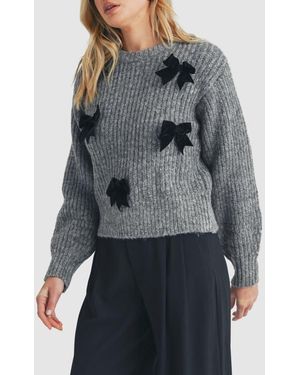 Lush Velvet Bow Embellished Sweater - Gray