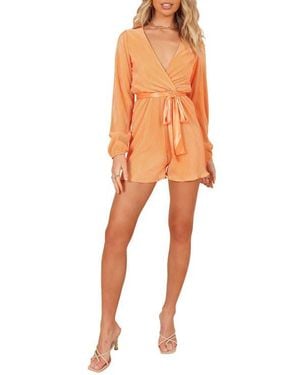 Petal & Pup Minelli Pleated Tie Waist Long Sleeve Romper - Orange