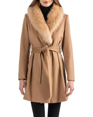Sofiacashmere Toscana Genuine Lamb Shearling Collar Wool Blend Coat - Brown