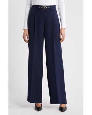 Tahari The Oakley Belt Detail High Waist Wide Leg Twill Pants - Blue