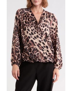 Tahari Long Sleeve Faux Wrap Blouse - Multicolor