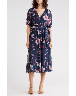 DKNY Print Faux Wrap Midi Dress - Blue