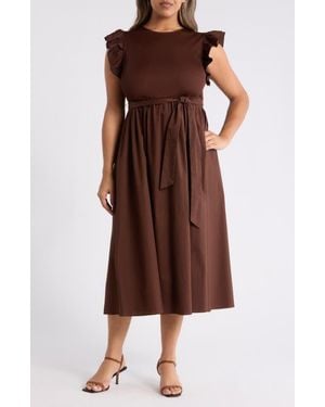 Anne Klein Mixed Media Ruffle Midi Dress - Brown