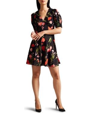 Ted Baker Sienno Floral Puff Sleeve Satin Jacquard Minidress - Black
