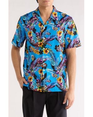 Bugatchi Cole Ooohcotton Woven Print Short Sleeve Button-Up Shirt - Blue