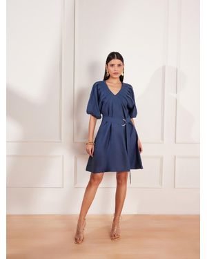 tara and i Blue V Neck Pleated Dress