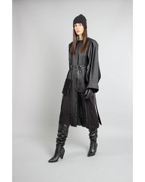 Tamar Keburia Long-sleeved Midi H-line Dress With Pleated Insert Stripes, A Detachable Belt And Pockets - Black