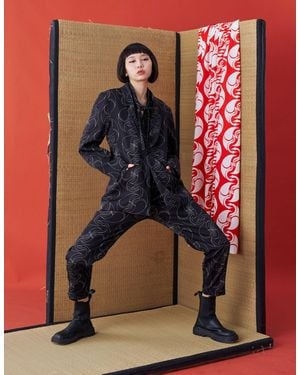 INF Japanese Crest White Crane Print Suit Jacket (black Printing) - Multicolor