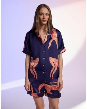 Piola Blue Silk Short Pajama Set | Red Cheetah Print