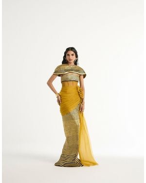 MANNATT GUPTA Metal Embroidered Gown With Detachable Cape In Gold - Metallic