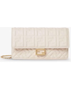 Fendi Baguette Wallet On Chain Leather Shoulder Bag With Ff Motif - Natural