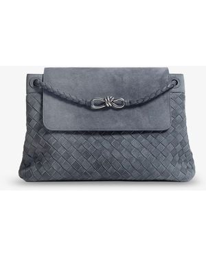 Bottega Veneta Andiamo Messenger Suede Shoulder Bag With Intrecciato Motif - Grey