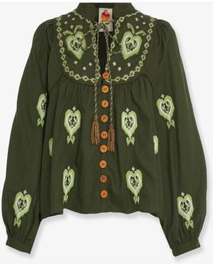 FARM Rio Embroidered Puff Sleeve Shirt - Green