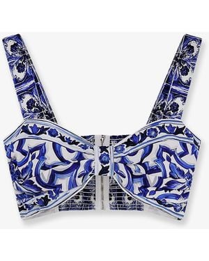 Dolce & Gabbana Cropped Cotton Top With Maiolica Print - Blue