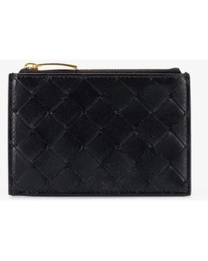 Bottega Veneta Leather Card Holder With Intrecciato Motif - Black